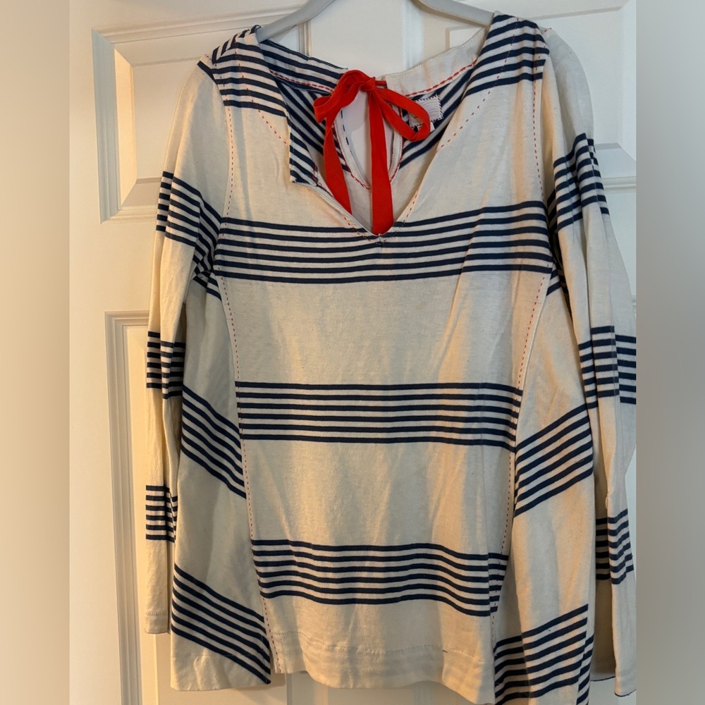 Anthropologie White and Navy Striped Long Sleeve Tee with Red Tie